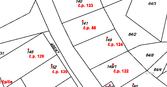 Broumy 124 na parcele st. 148 v KÚ Broumy, Katastrální mapa