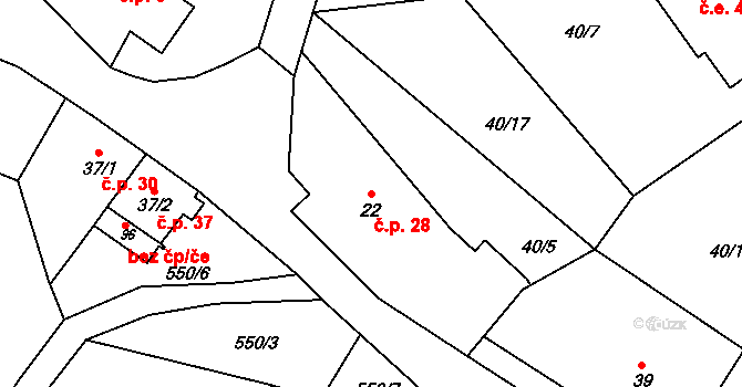 Chroustov 28, Úhlejov na parcele st. 22 v KÚ Chroustov u Miletína, Katastrální mapa