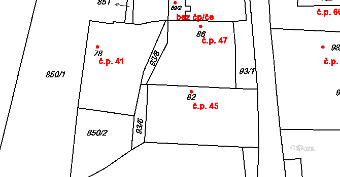 Ratměřice 45 na parcele st. 82 v KÚ Ratměřice, Katastrální mapa