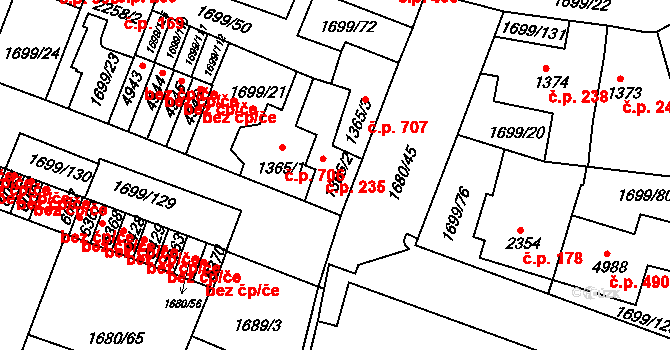 Nové Dvory 235, Třebíč na parcele st. 1365/2 v KÚ Třebíč, Katastrální mapa