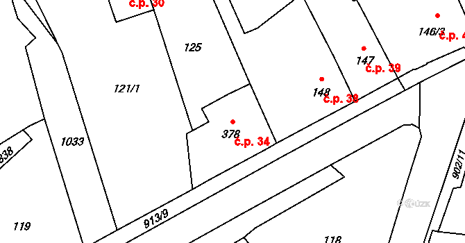 Borohrádek 34 na parcele st. 378 v KÚ Borohrádek, Katastrální mapa