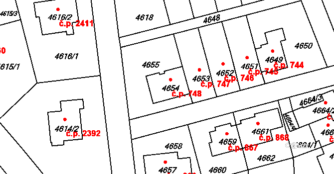 Záběhlice 748, Praha na parcele st. 4654 v KÚ Záběhlice, Katastrální mapa