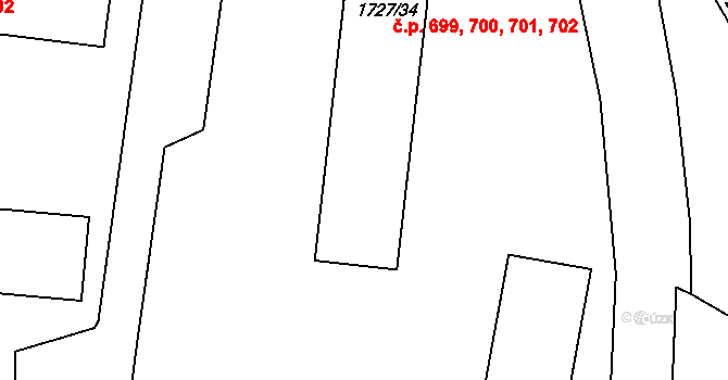 Teplické Předměstí 699,700,701,702, Bílina na parcele st. 1727/34 v KÚ Bílina, Katastrální mapa