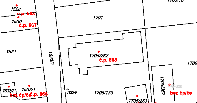 Kopřivnice 588 na parcele st. 1705/262 v KÚ Kopřivnice, Katastrální mapa