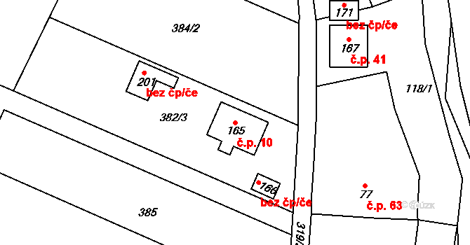 Dřenice 10 na parcele st. 165 v KÚ Dřenice, Katastrální mapa