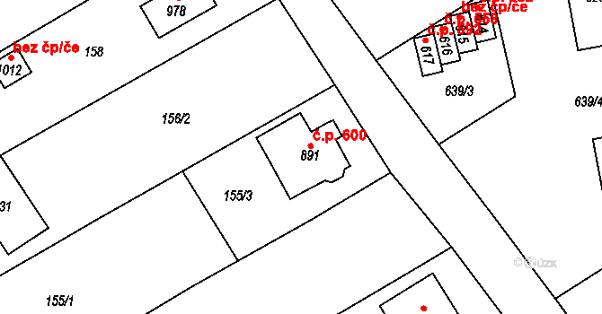 Horní Moštěnice 600 na parcele st. 891 v KÚ Horní Moštěnice, Katastrální mapa