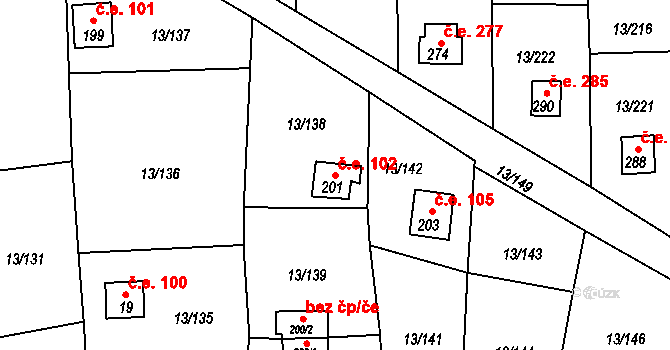 Mechová 102, Lipová na parcele st. 201 v KÚ Mechová, Katastrální mapa