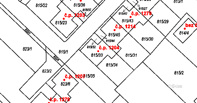 Rousínov 1204 na parcele st. 815/33 v KÚ Rousínov u Vyškova, Katastrální mapa