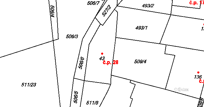 Minice 28, Kralupy nad Vltavou na parcele st. 43 v KÚ Minice u Kralup nad Vltavou, Katastrální mapa