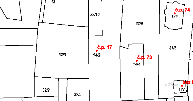 Hrobice 17 na parcele st. 14/3 v KÚ Hrobice, Katastrální mapa