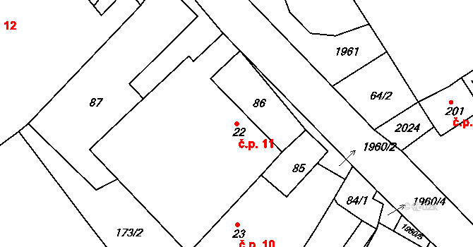 Častrov 11 na parcele st. 22 v KÚ Častrov, Katastrální mapa