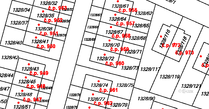 Dolní Počernice 960, Praha na parcele st. 1328/72 v KÚ Dolní Počernice, Katastrální mapa