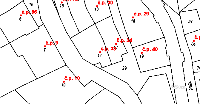Hamry 33, Plumlov na parcele st. 12 v KÚ Hamry, Katastrální mapa