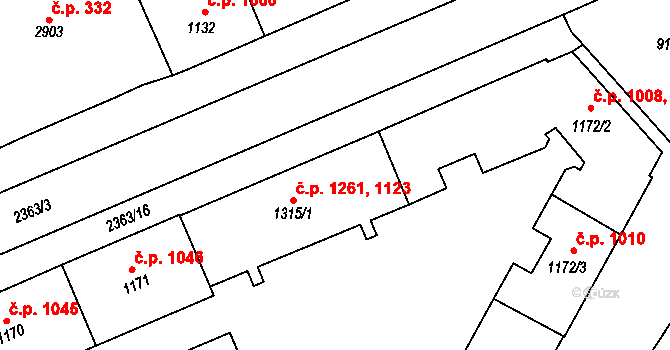 Hranice I-Město 1123,1261, Hranice na parcele st. 1315/1 v KÚ Hranice, Katastrální mapa