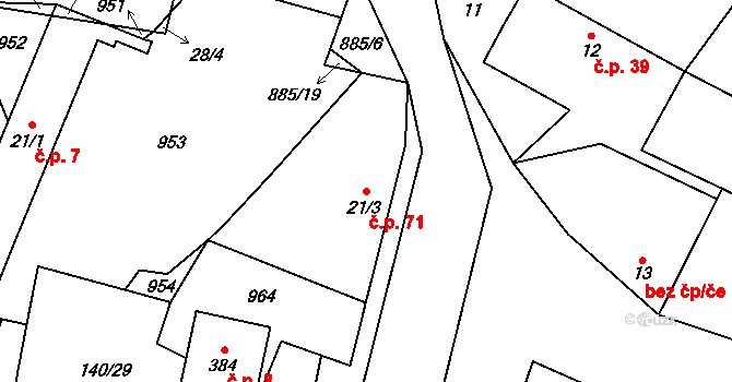 Stará Lysá 71 na parcele st. 21/3 v KÚ Stará Lysá, Katastrální mapa