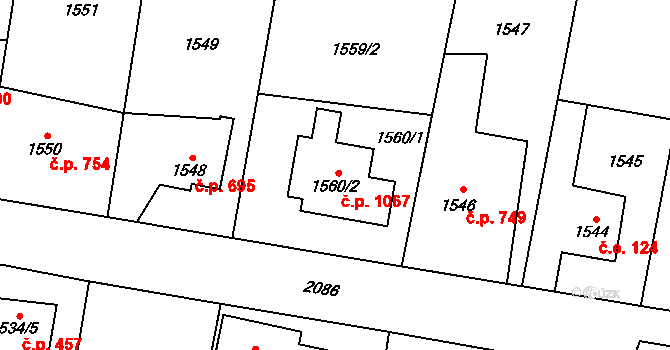 Sadská 1067 na parcele st. 1560/2 v KÚ Sadská, Katastrální mapa