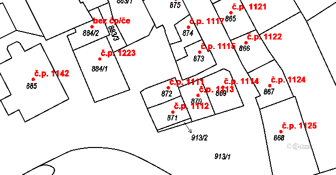 Rousínov 1111 na parcele st. 872 v KÚ Rousínov u Vyškova, Katastrální mapa