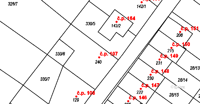 Střelice 107, Uničov na parcele st. 240 v KÚ Střelice u Litovle, Katastrální mapa