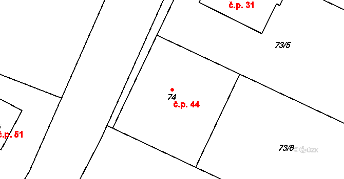 Obora 44, Chomutice na parcele st. 74 v KÚ Obora u Chomutic, Katastrální mapa