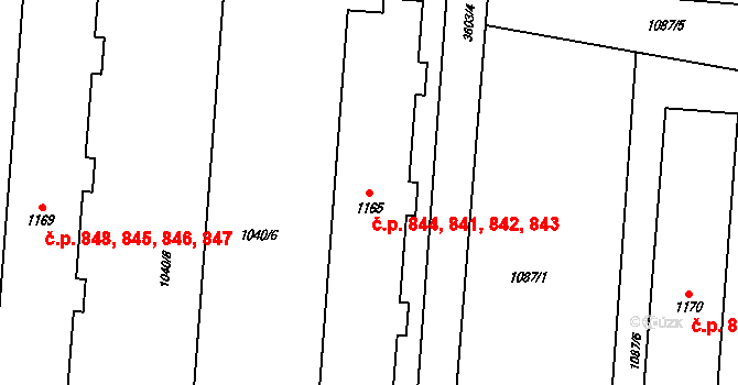 Rožnov pod Radhoštěm 841,842,843,844 na parcele st. 1165 v KÚ Rožnov pod Radhoštěm, Katastrální mapa