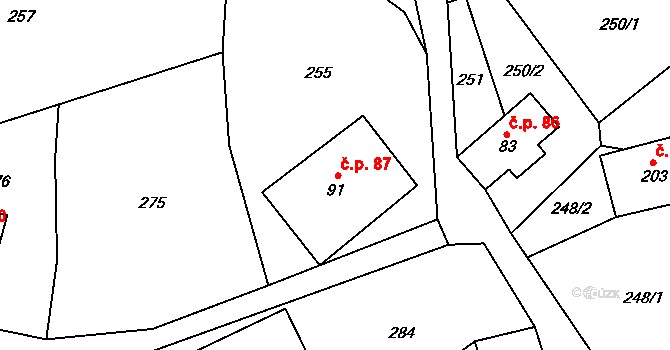 Těchonín 87 na parcele st. 91 v KÚ Těchonín, Katastrální mapa