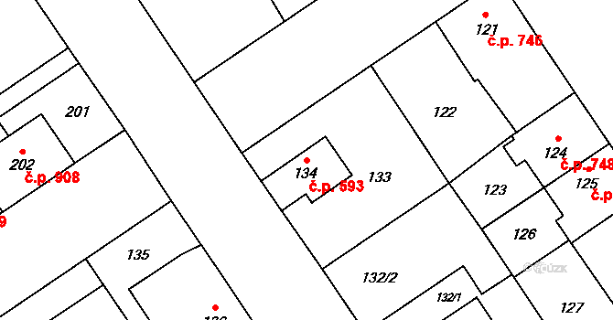 Nový Bohumín 593, Bohumín na parcele st. 134 v KÚ Nový Bohumín, Katastrální mapa