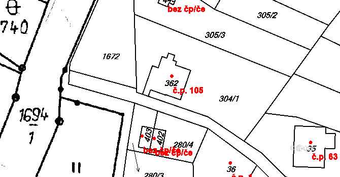 Mukařov 105, Malá Skála na parcele st. 362 v KÚ Mukařov u Jablonce nad Nisou, Katastrální mapa