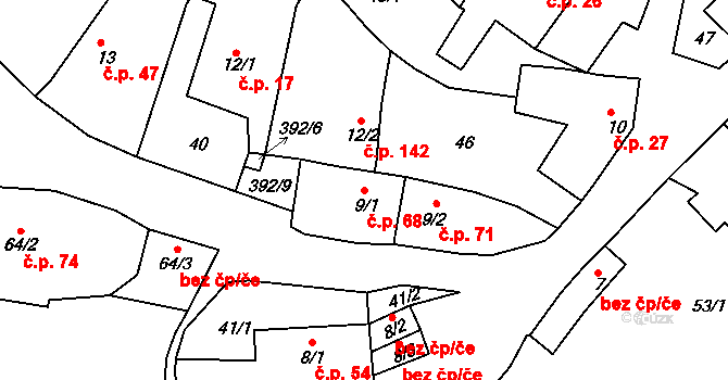 Borek 68, Rokycany na parcele st. 9/1 v KÚ Borek u Rokycan, Katastrální mapa