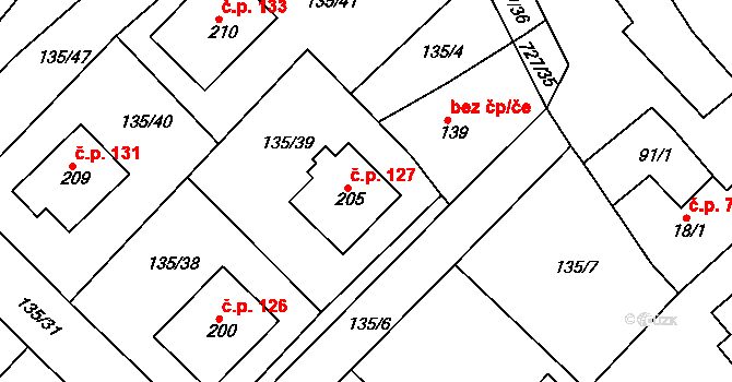 Libenice 127 na parcele st. 205 v KÚ Libenice, Katastrální mapa