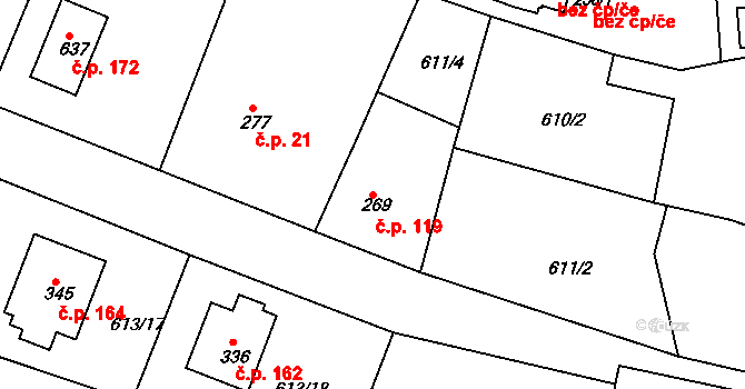 Čachovice 119 na parcele st. 269 v KÚ Čachovice, Katastrální mapa