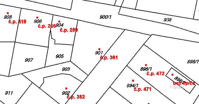 Suchdol nad Lužnicí 361 na parcele st. 901 v KÚ Suchdol nad Lužnicí, Katastrální mapa