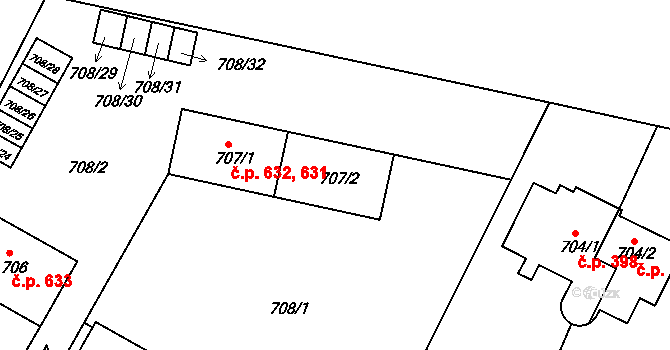 Kunratice 631,632, Praha na parcele st. 707/2 v KÚ Kunratice, Katastrální mapa