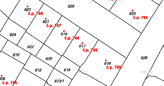 Vršovice 749, Praha na parcele st. 617 v KÚ Vršovice, Katastrální mapa
