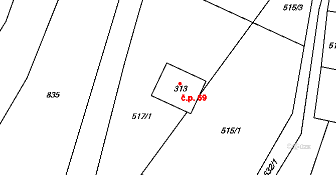 Tihava 69, Kotopeky na parcele st. 313 v KÚ Kotopeky, Katastrální mapa
