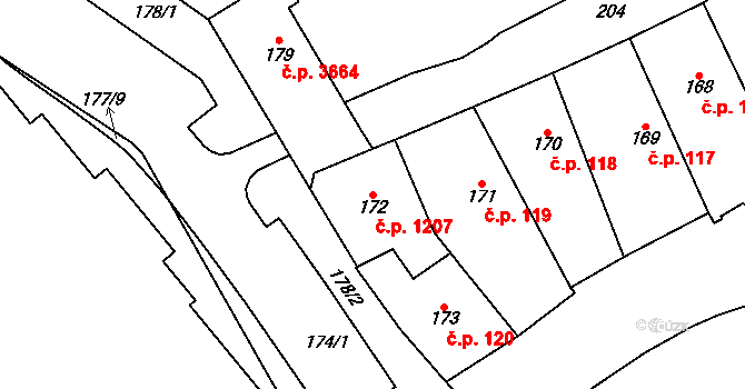 Chomutov 1207 na parcele st. 172 v KÚ Chomutov I, Katastrální mapa