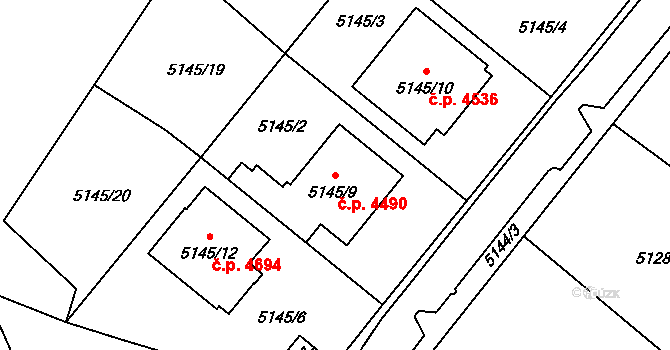 Chomutov 4490 na parcele st. 5145/9 v KÚ Chomutov I, Katastrální mapa