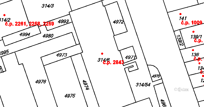 Královo Pole 2843, Brno na parcele st. 314/6 v KÚ Královo Pole, Katastrální mapa