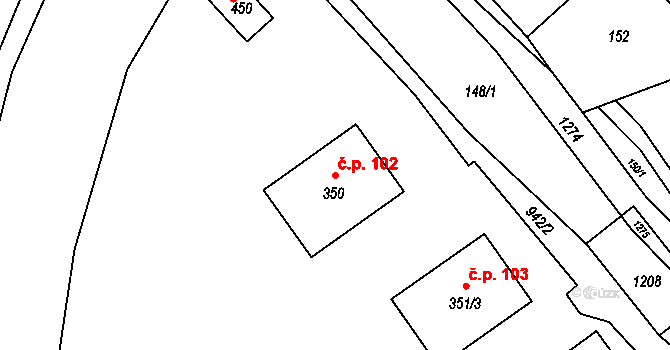 Ostružná 102 na parcele st. 350 v KÚ Ostružná, Katastrální mapa