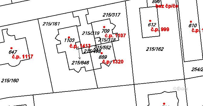 Rudná 1320 na parcele st. 889 v KÚ Hořelice, Katastrální mapa