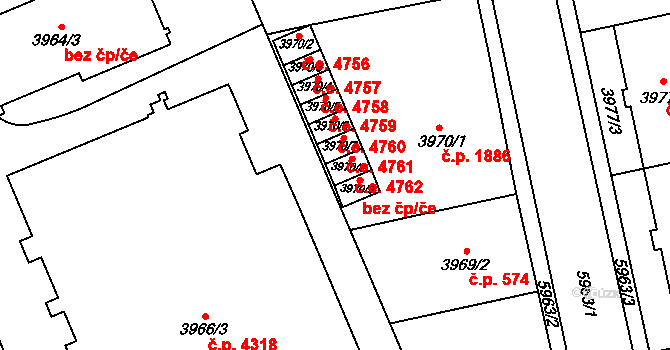 Jihlava 4762 na parcele st. 3970/8 v KÚ Jihlava, Katastrální mapa