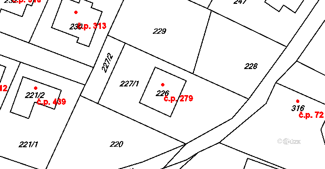 Hvozdná 279 na parcele st. 226 v KÚ Hvozdná, Katastrální mapa