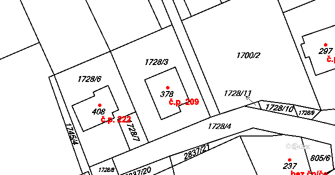 Sehradice 209 na parcele st. 378 v KÚ Sehradice, Katastrální mapa