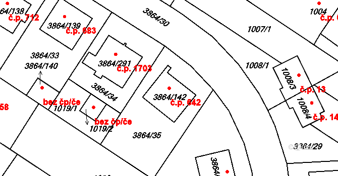 Hlučín 642 na parcele st. 3864/142 v KÚ Hlučín, Katastrální mapa