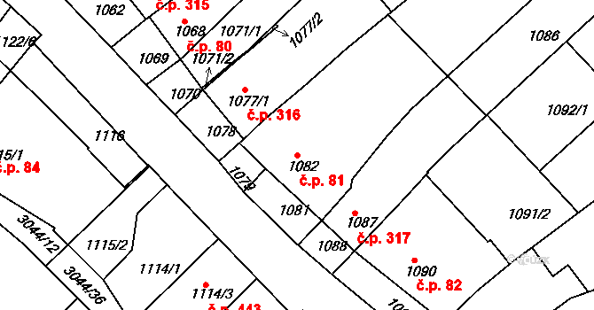 Nivnice 81 na parcele st. 1082 v KÚ Nivnice, Katastrální mapa