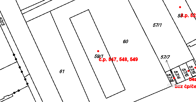 Libčice nad Vltavou 547,548,549 na parcele st. 59/1 v KÚ Letky, Katastrální mapa