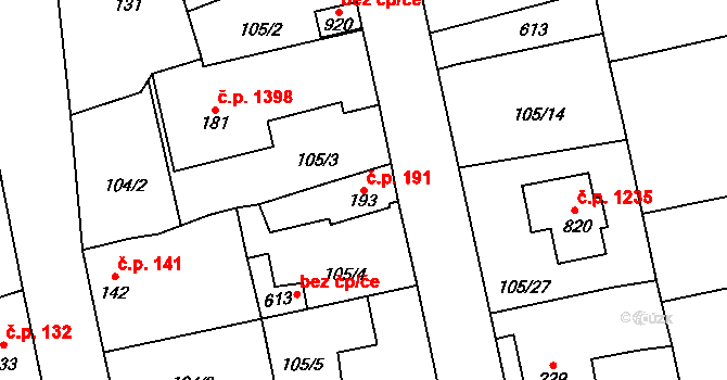 Rudná 191 na parcele st. 193 v KÚ Dušníky u Rudné, Katastrální mapa
