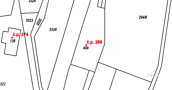 Heřmánkovice 288 na parcele st. 409 v KÚ Heřmánkovice, Katastrální mapa