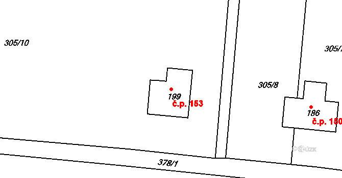 Hostišová - Horňák 153, Hostišová na parcele st. 199 v KÚ Hostišová, Katastrální mapa