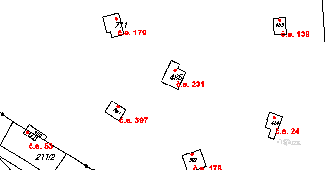 Sýkořice 231 na parcele st. 485 v KÚ Sýkořice, Katastrální mapa