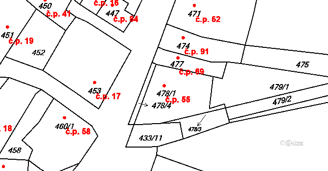 Rychlov 55, Bystřice pod Hostýnem na parcele st. 478/1 v KÚ Rychlov u Bystřice pod Hostýnem, Katastrální mapa
